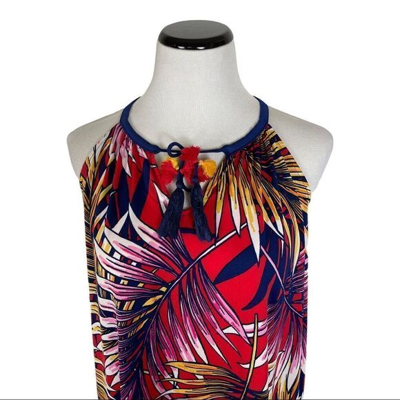 Studio JPR Halter Summer Dress Palm Leaves Red Blue Tassels Size Small - Picture 2 of 9
